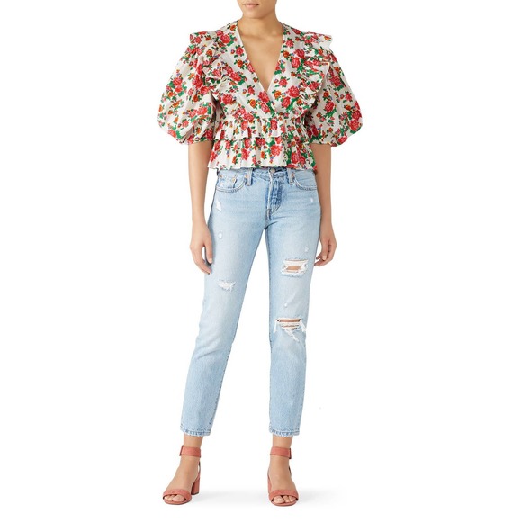 Rhode Elodie White Floral Print Short Sleeve Tiered Top Size Small - Picture 1 of 9
